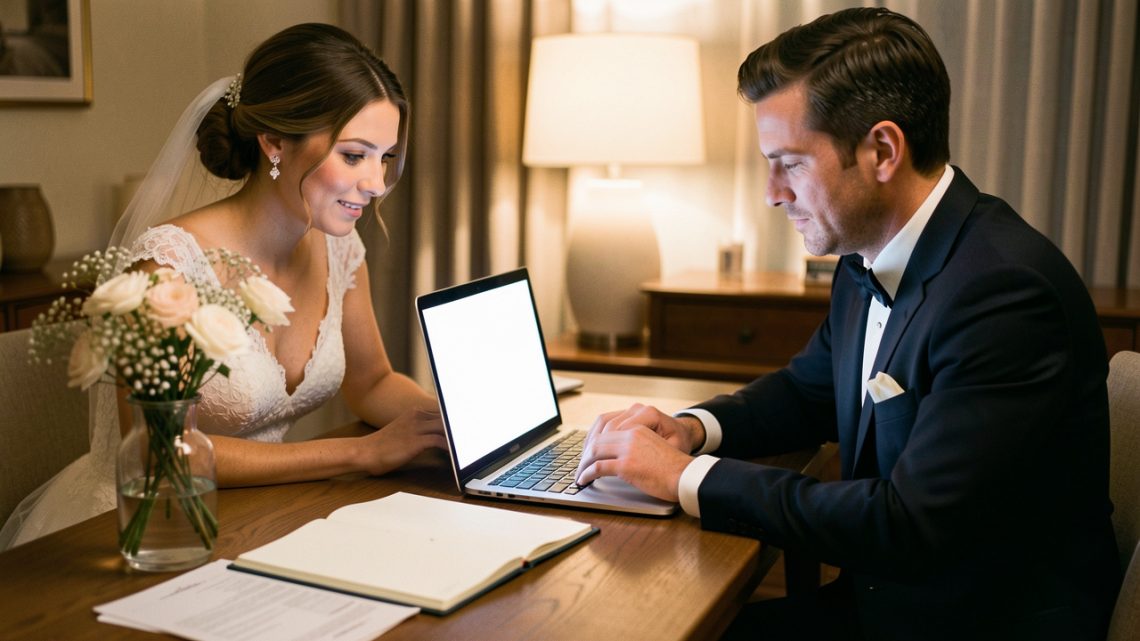 Un homme et une femme préparent leur mariage autour d’une table lumineuse avec un ordinateur portable, un agenda aux pages vierges, des feuilles non annotées et de petites fleurs élégantes.