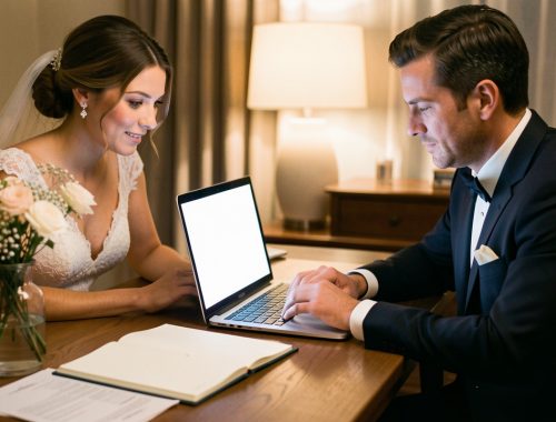 Un homme et une femme préparent leur mariage autour d’une table lumineuse avec un ordinateur portable, un agenda aux pages vierges, des feuilles non annotées et de petites fleurs élégantes.