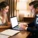 Un homme et une femme préparent leur mariage autour d’une table lumineuse avec un ordinateur portable, un agenda aux pages vierges, des feuilles non annotées et de petites fleurs élégantes.