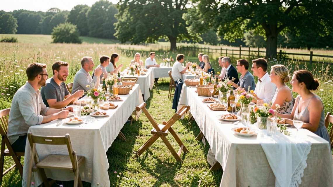 Brunch de mariage champêtre en plein air avec invités détendus, jeux en bois, fleurs sauvages et grandes tables conviviales.