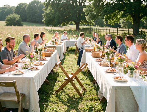 Brunch de mariage champêtre en plein air avec invités détendus, jeux en bois, fleurs sauvages et grandes tables conviviales.