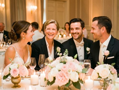 Des invités souriants réunis lors d’une réception de mariage élégante, entourés de tables fleuries dans une lumière dorée et chaleureuse.