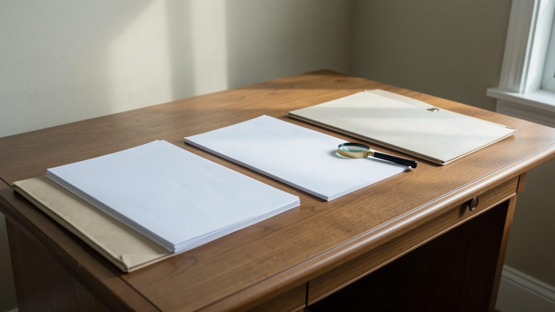 Bureau de recherche sobre avec des documents vierges, un dossier d’archives fermé et une loupe, évoquant l’examen prudent de sources publiques et le respect de la vie privée.