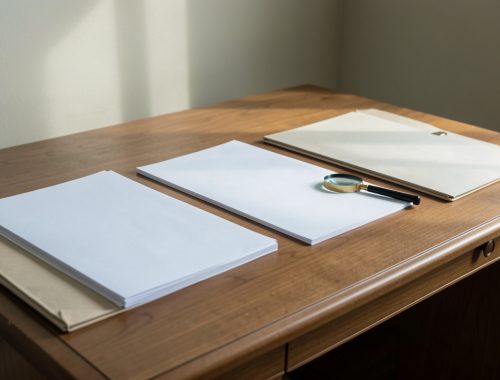 Bureau de recherche sobre avec des documents vierges, un dossier d’archives fermé et une loupe, évoquant l’examen prudent de sources publiques et le respect de la vie privée.
