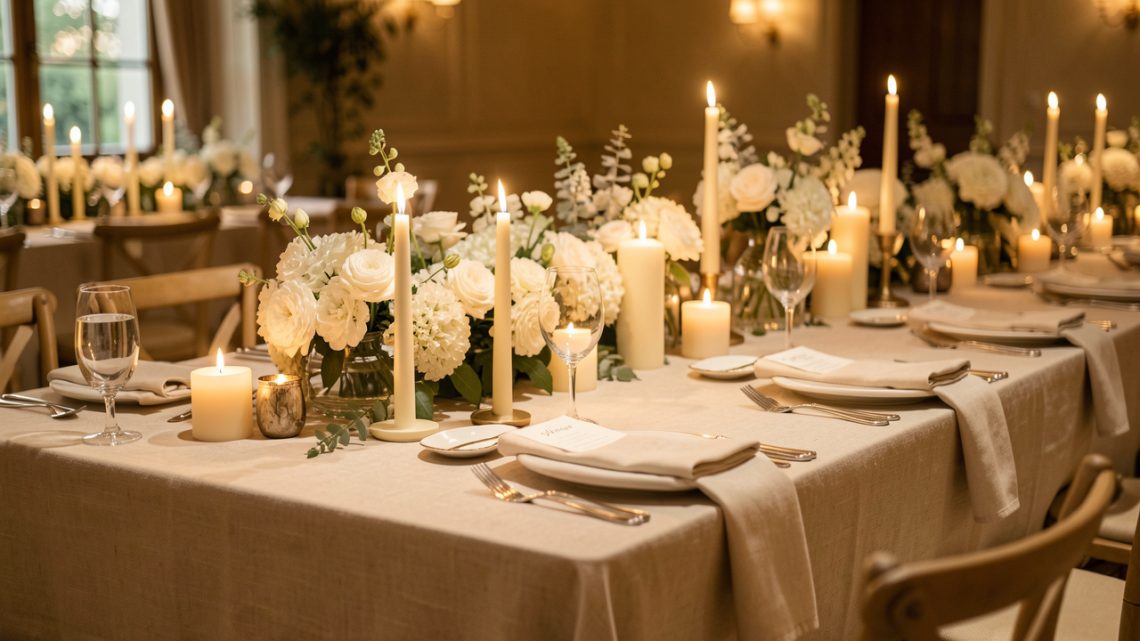 Table de réception de mariage élégante décorée de fleurs blanches, de bougies, de linge naturel et baignée d’une lumière dorée.