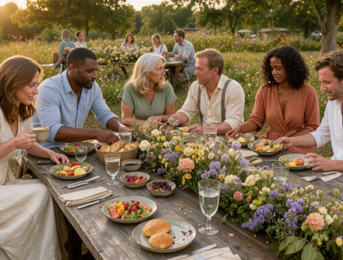 Brunch de mariage champêtre en plein air avec de longues tables fleuries et des invités détendus profitant du soleil.