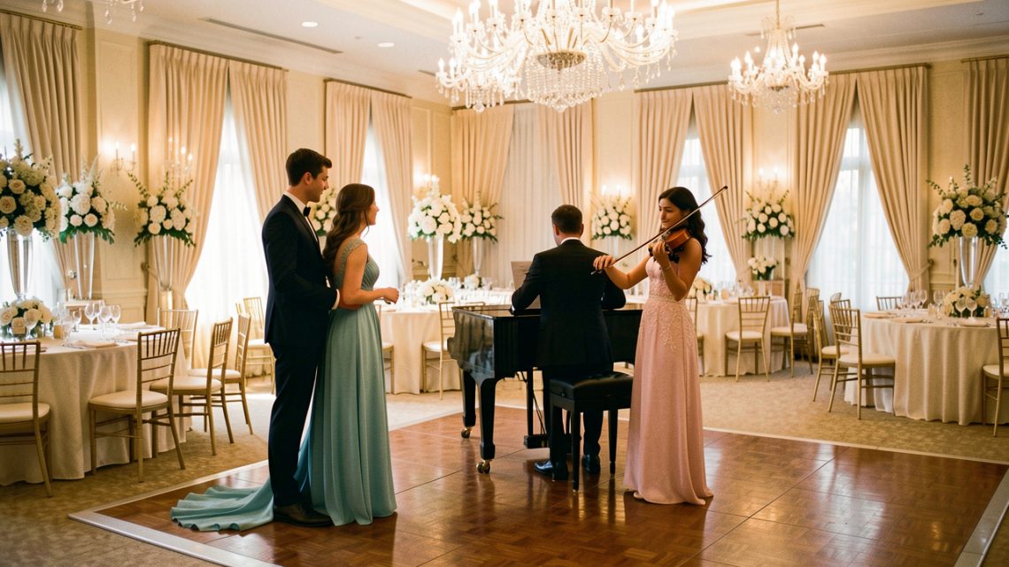 Un jeune couple observe un duo musical près d’une piste de danse dans une élégante salle de réception décorée pour un mariage.