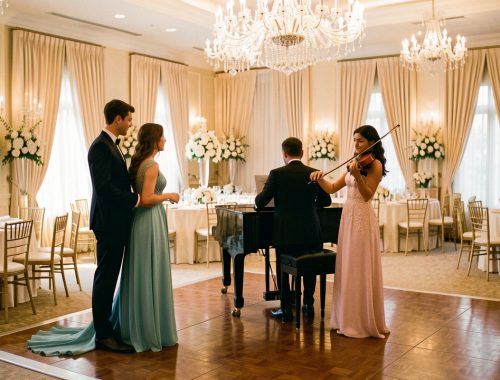 Un jeune couple observe un duo musical près d’une piste de danse dans une élégante salle de réception décorée pour un mariage.